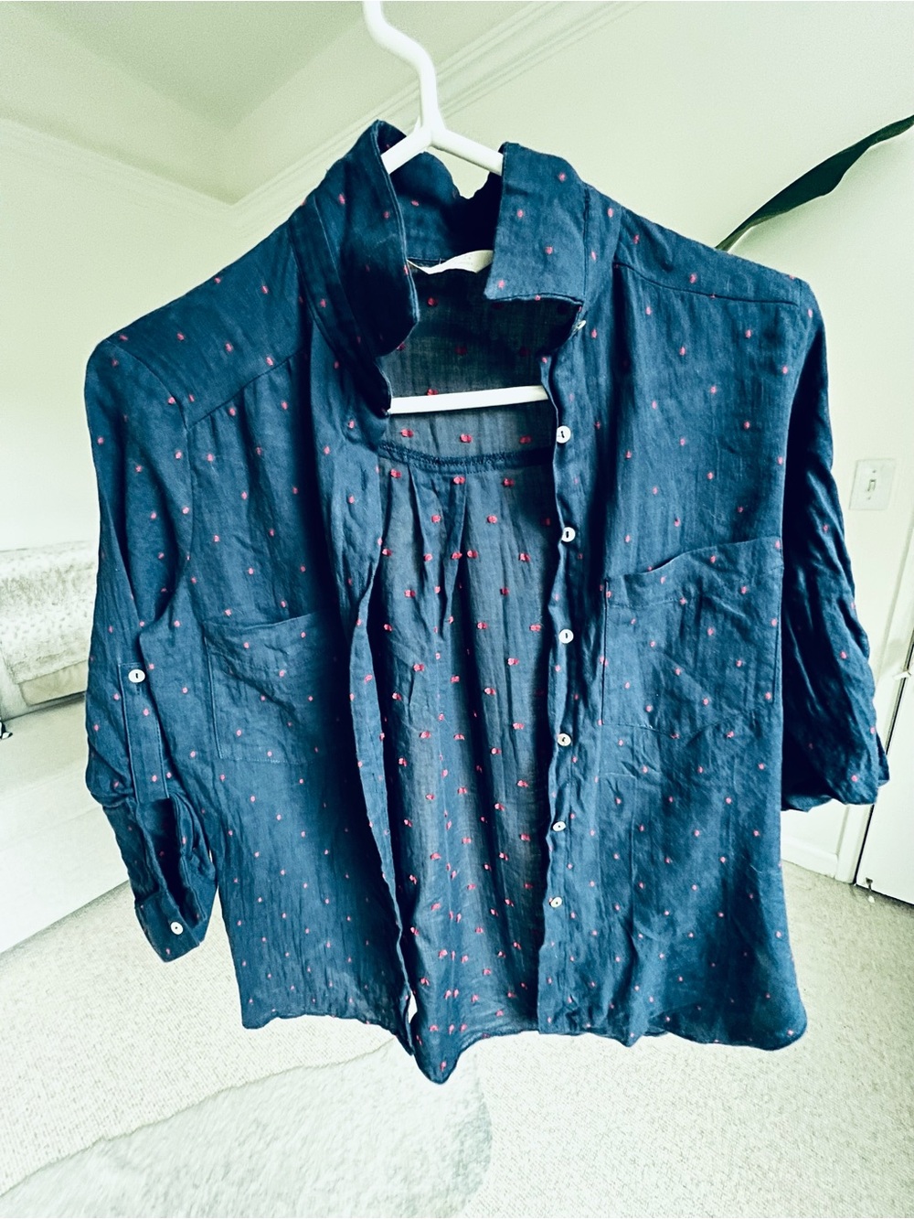 ZARA  Navy Button-Front Blouse with Pink Dot Pattern